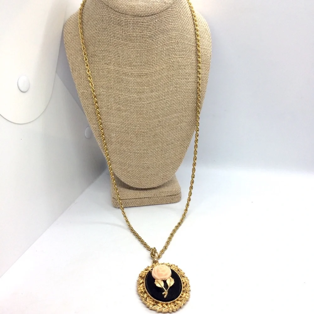 Vintage Gold and Black Necklace with Rose Pendant